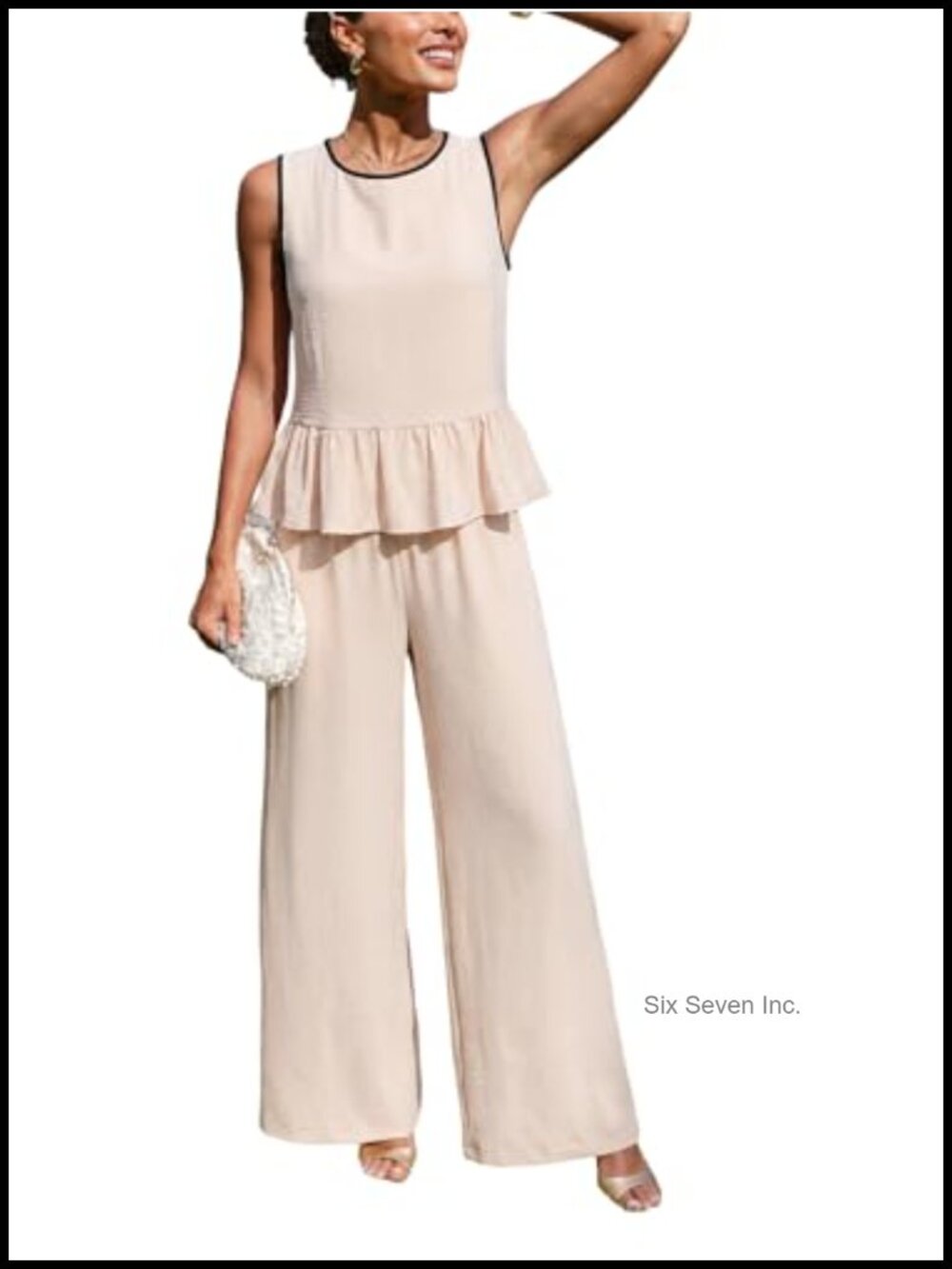 Sleeveless Peplum Top & Wide-Leg Pant 100% Polyester Two-Piece Set